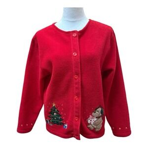 Red Fleece Christmas Cardigan Teddy Bear Tree Holiday Embroidered Sweater